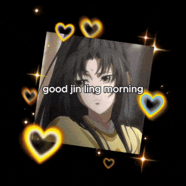 a picture of a girl with the words good jin ling morning above her