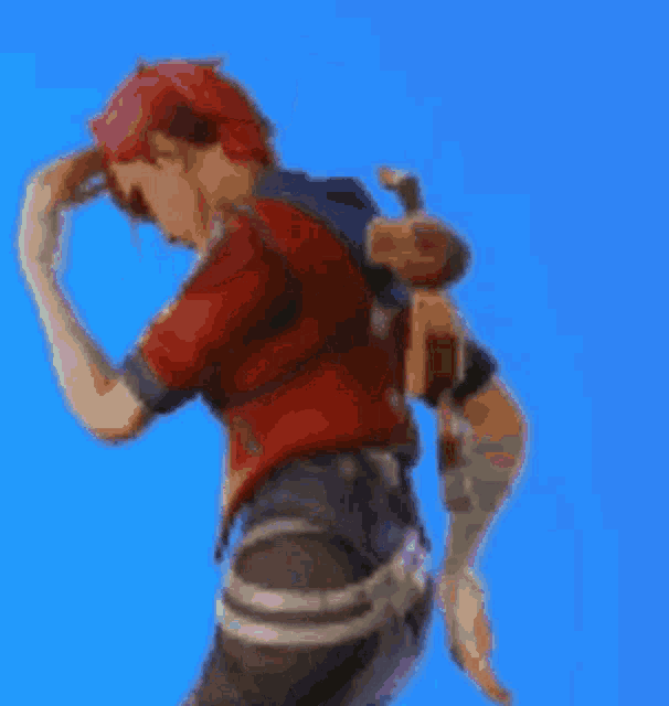 a man with red hair is standing in front of a blue sky and looking up .