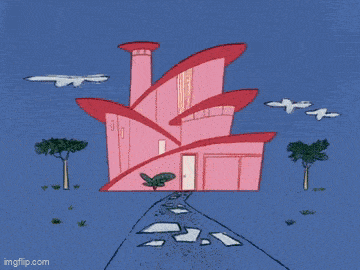 a pink panther is walking in front of a pink building