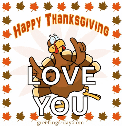 a happy thanksgiving card with a turkey pointing up