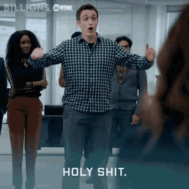 a man in a plaid shirt says holy shit in a showtime ad