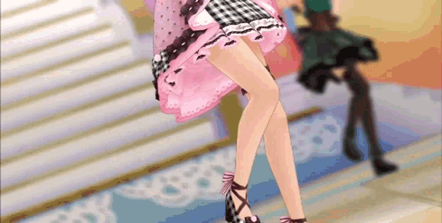 a close up of a girl 's legs in a pink dress and black shoes .