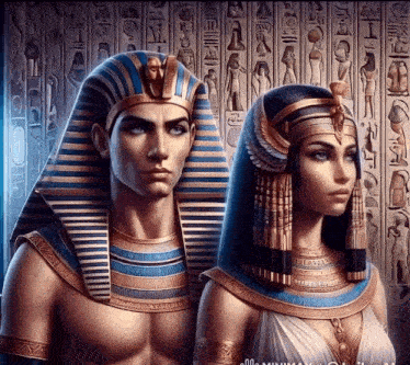 a man and a woman are standing next to each other in front of a wall with hieroglyphs