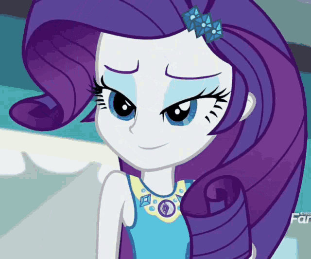 a cartoon of a girl with purple hair and a necklace that says family far