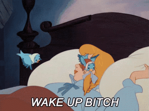 a cartoon of a woman laying in bed with the words wake up bitch