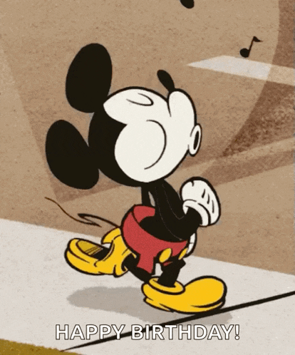 a cartoon of mickey mouse walking down a street with the words happy birthday below him
