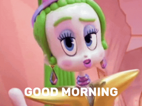 a cartoon doll with green hair and the words " good morning " on the bottom