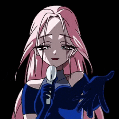 a girl with pink hair is holding a microphone and crying