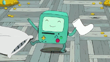 a cartoon character named bmo is holding a sock and a piece of paper