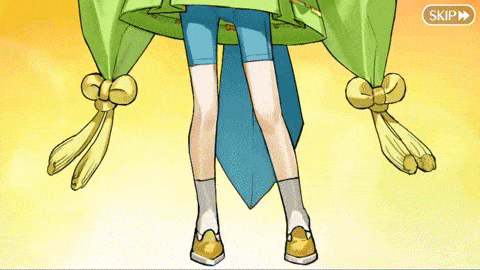 a cartoon character 's legs are shown with a skip button in the upper right corner