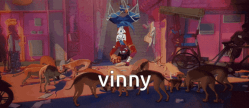a cartoon of a man doing a handstand surrounded by dogs with the word vinny on the bottom
