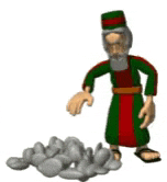 a cartoon man is throwing a rock in the air .