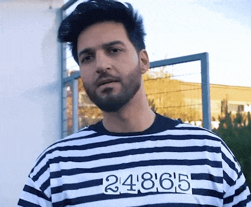a man with a beard is wearing a striped shirt that says 24865