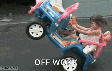 a little girl is riding a toy car with the words off work written on the bottom .