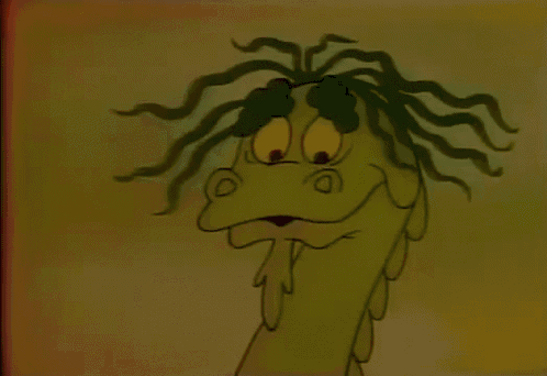 a cartoon drawing of a dragon with green hair and a smiley face