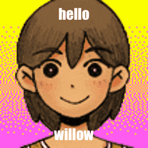 a cartoon character is smiling and says hello willow on a pink and yellow background .