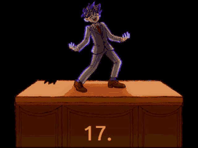 a drawing of a man in a suit standing on a stage with the number 17 below him