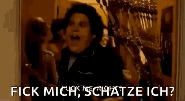 a man is screaming in a room with the words fick mich schatze ich written on the bottom