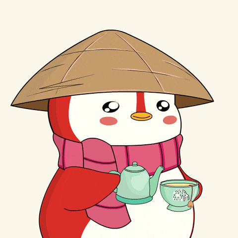 a cartoon of a penguin wearing a hat and scarf holding a teapot