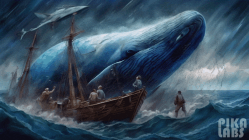 a painting of a whale attacking a boat with pika labs written on the bottom right