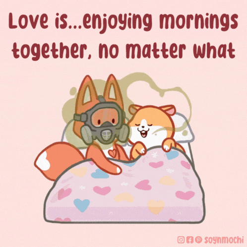 a cartoon of a fox wearing a gas mask laying on a bed