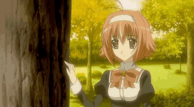 a girl with short pink hair is standing next to a tree
