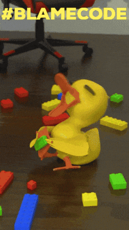 a yellow toy duck is surrounded by lego bricks and the words #blamecode