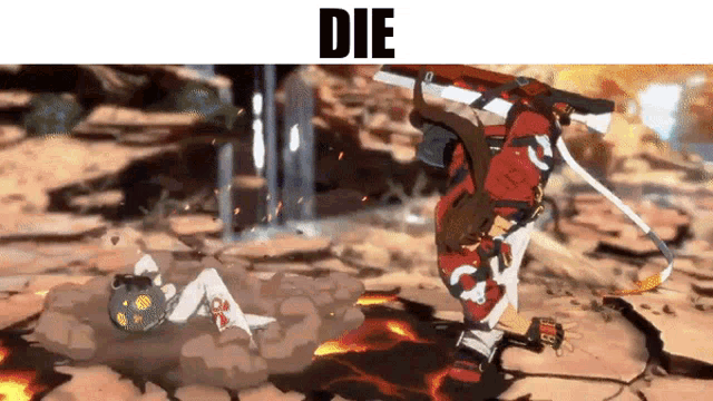 a video game character is laying on the ground and the word die is above him