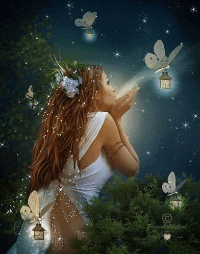 a woman in a white dress is surrounded by butterflies and lanterns at night .