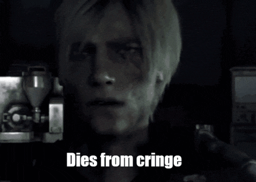 a close up of a man 's face with the words dies from cringe written below it