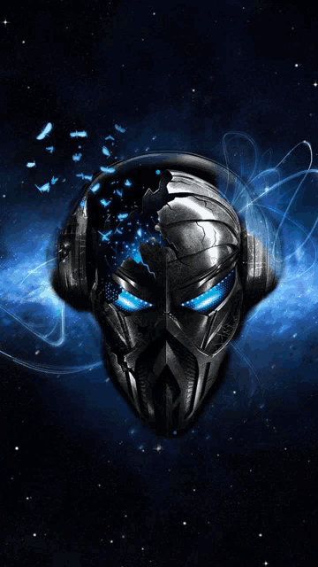 a picture of a robot wearing headphones against a blue background