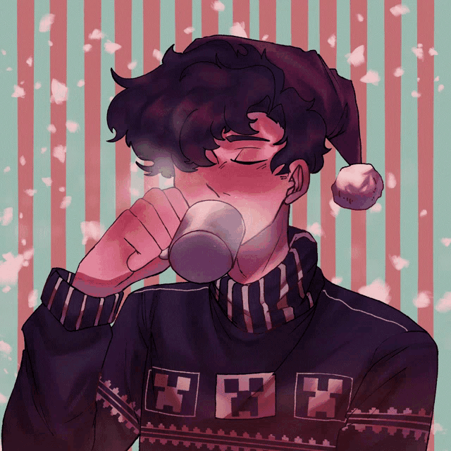 a drawing of a man wearing a santa hat and a sweater with minecraft letters on it