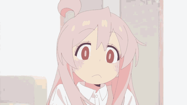 a cartoon girl with pink hair and a white shirt