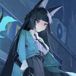 a girl with long black hair and red eyes is wearing a blue coat
