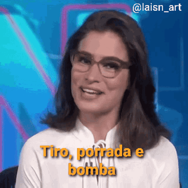 a woman wearing glasses says " tiro porrada e bomba " in orange