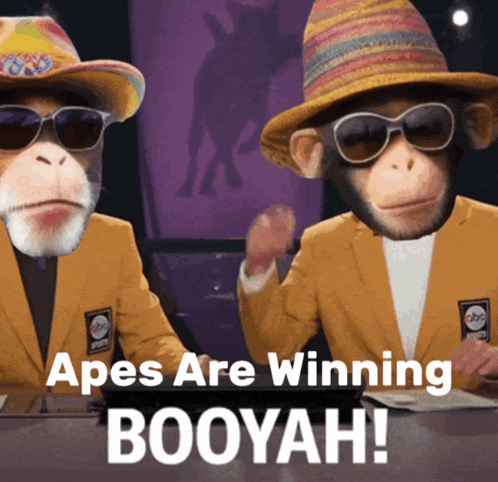 two apes wearing sunglasses and hats are sitting at a table with the words apes are winning booyah