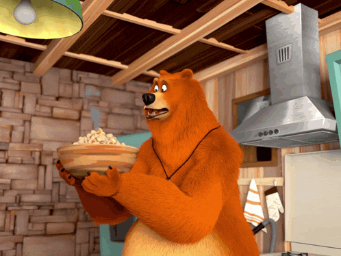 a cartoon bear is holding a bowl of popcorn in a kitchen