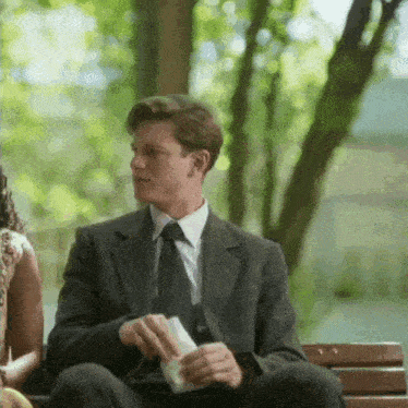 a man in a suit and tie is sitting on a park bench .