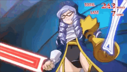 a girl with glasses is holding a sword in a video game that says total last and 243 medals