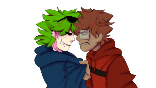 a drawing of a boy with green hair standing next to another boy in a red hoodie