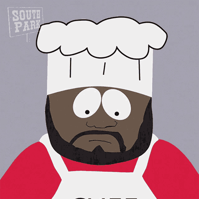 a cartoon character from south park wearing a chef hat and apron