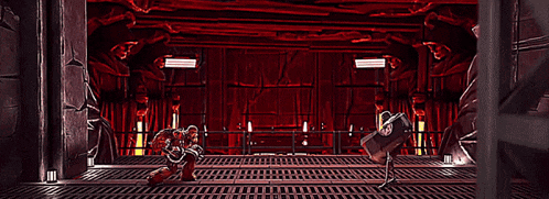 a cartoon of a man fighting a robot with a sword