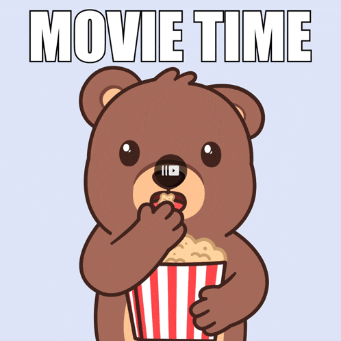a cartoon of a teddy bear eating popcorn with the words movie time behind him