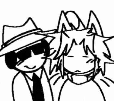 a black and white drawing of a man in a hat and tie standing next to a woman in sunglasses .