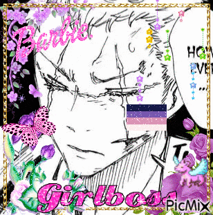 a black and white drawing of a man with purple flowers and the word barbie on it