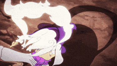 a cartoon drawing of a woman with a purple and white outfit