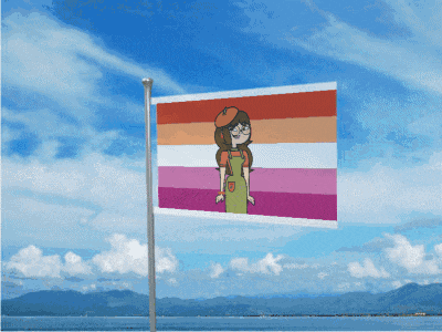 a flag with a picture of a girl in a beret is flying in the wind