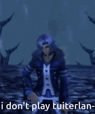 a man in a blue jacket is holding a sword and says " idon 't play tuiterlan " on the bottom