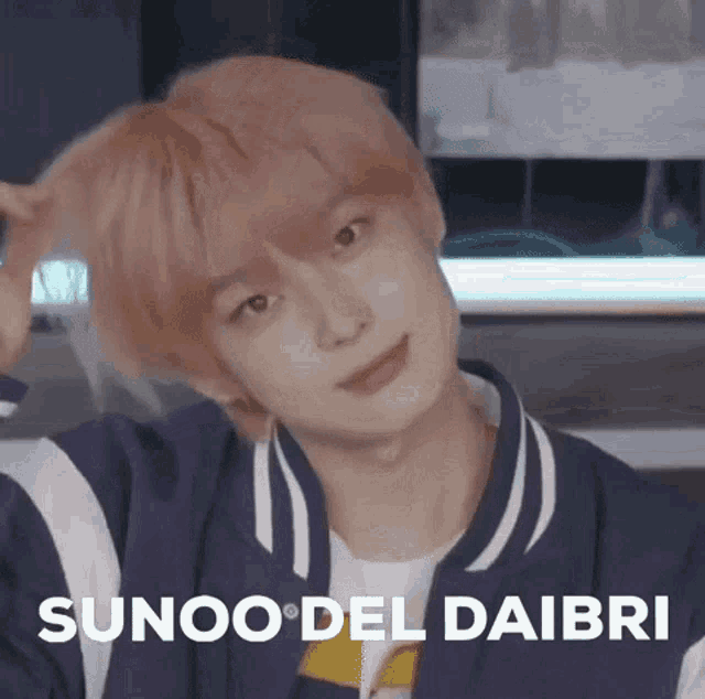 a close up of a person 's face with the words sunoo del daibri on the bottom .