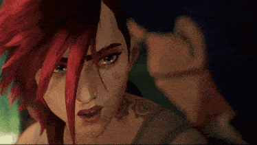 a woman with red hair has a tattoo on her face with the number vi